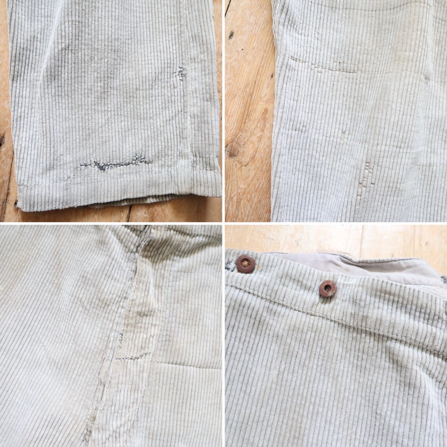 1940s French Corduroy Workwear Trousers Light Fawn Grey Repairs Chore Pants Cinch Metal Buckle Back