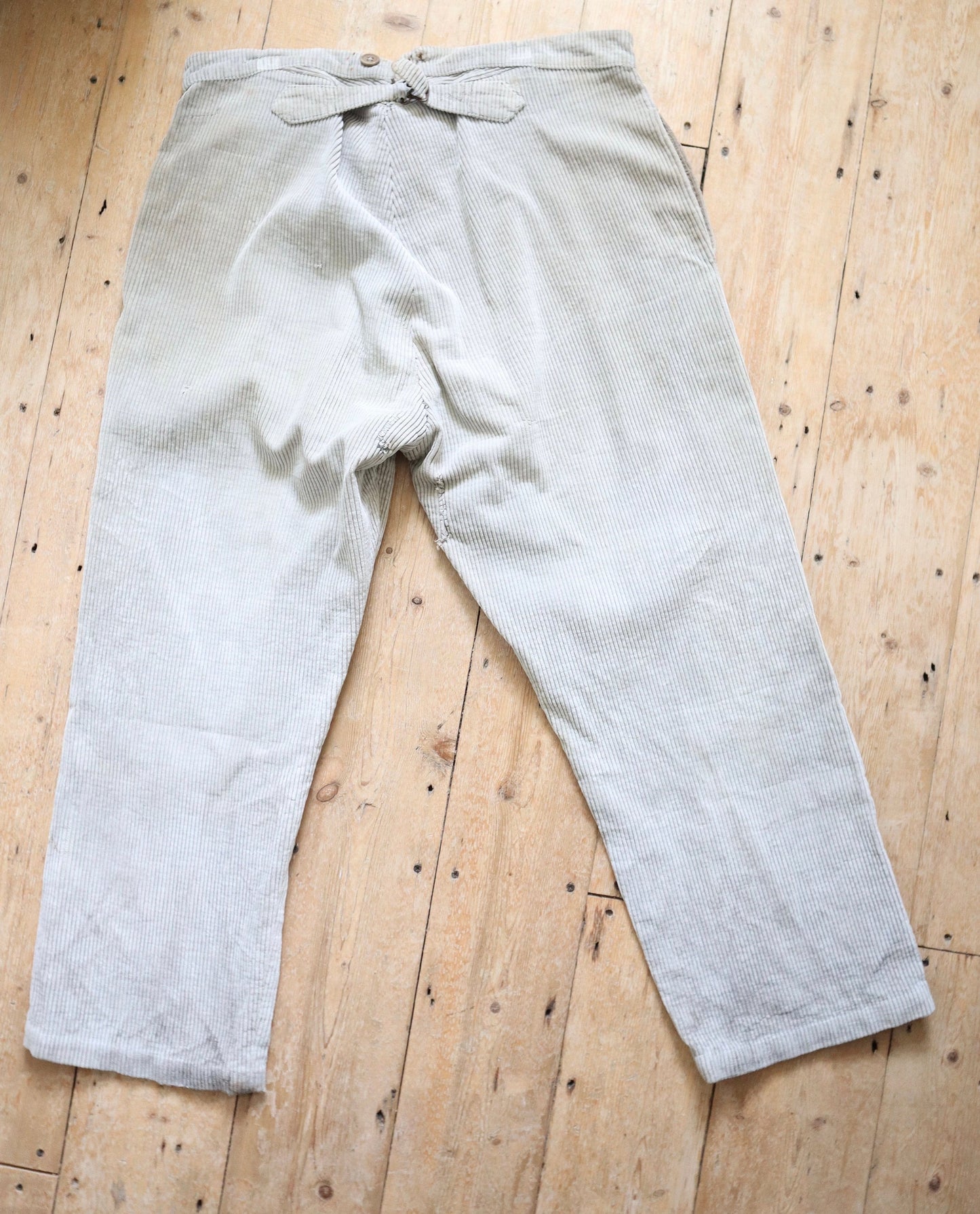 1940s French Corduroy Workwear Trousers Light Fawn Grey Repairs Chore Pants Cinch Metal Buckle Back