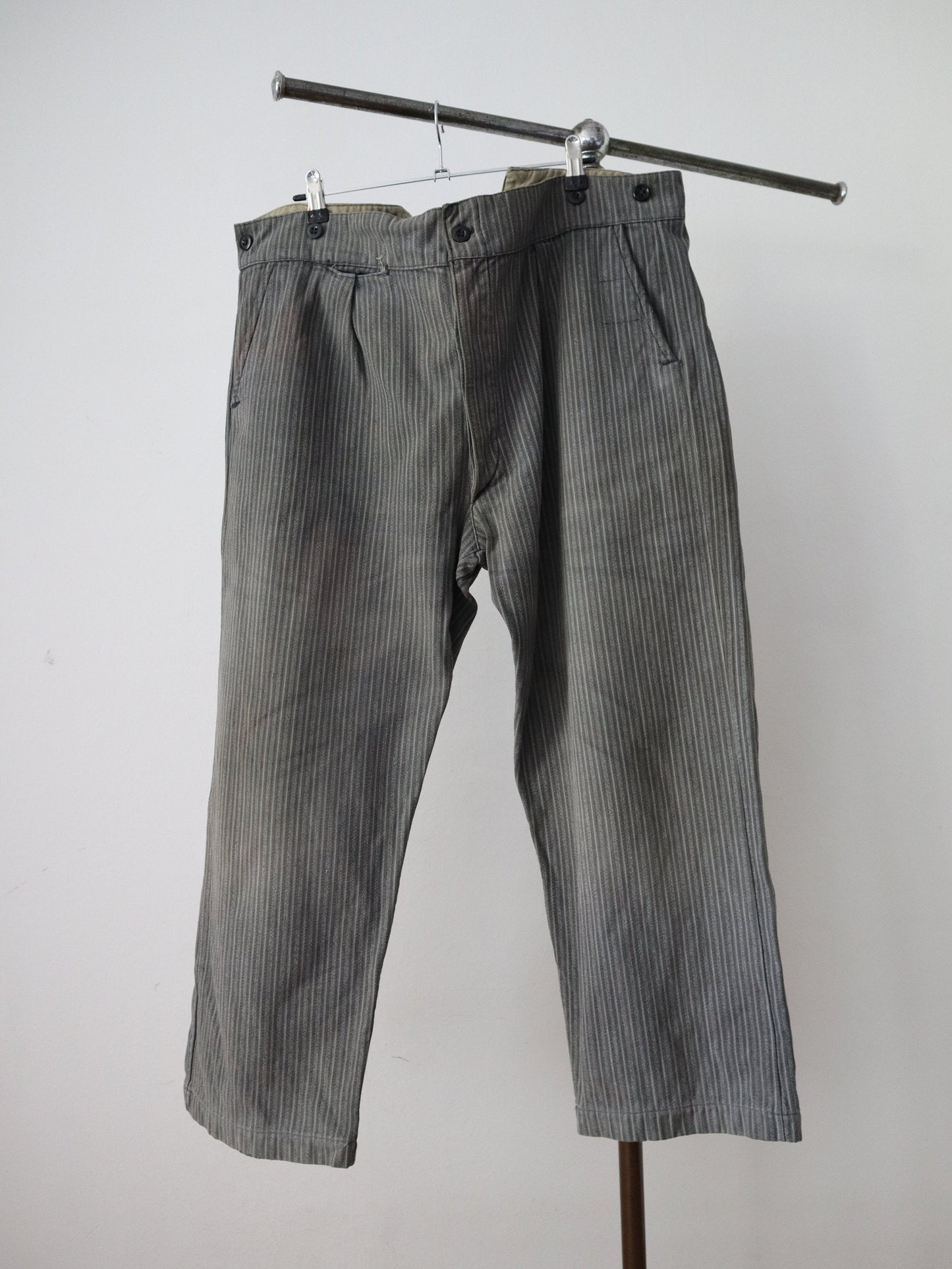 French 1940s Workwear Trousers Grey Stripe Salt Pepper Cotton Chore Pants