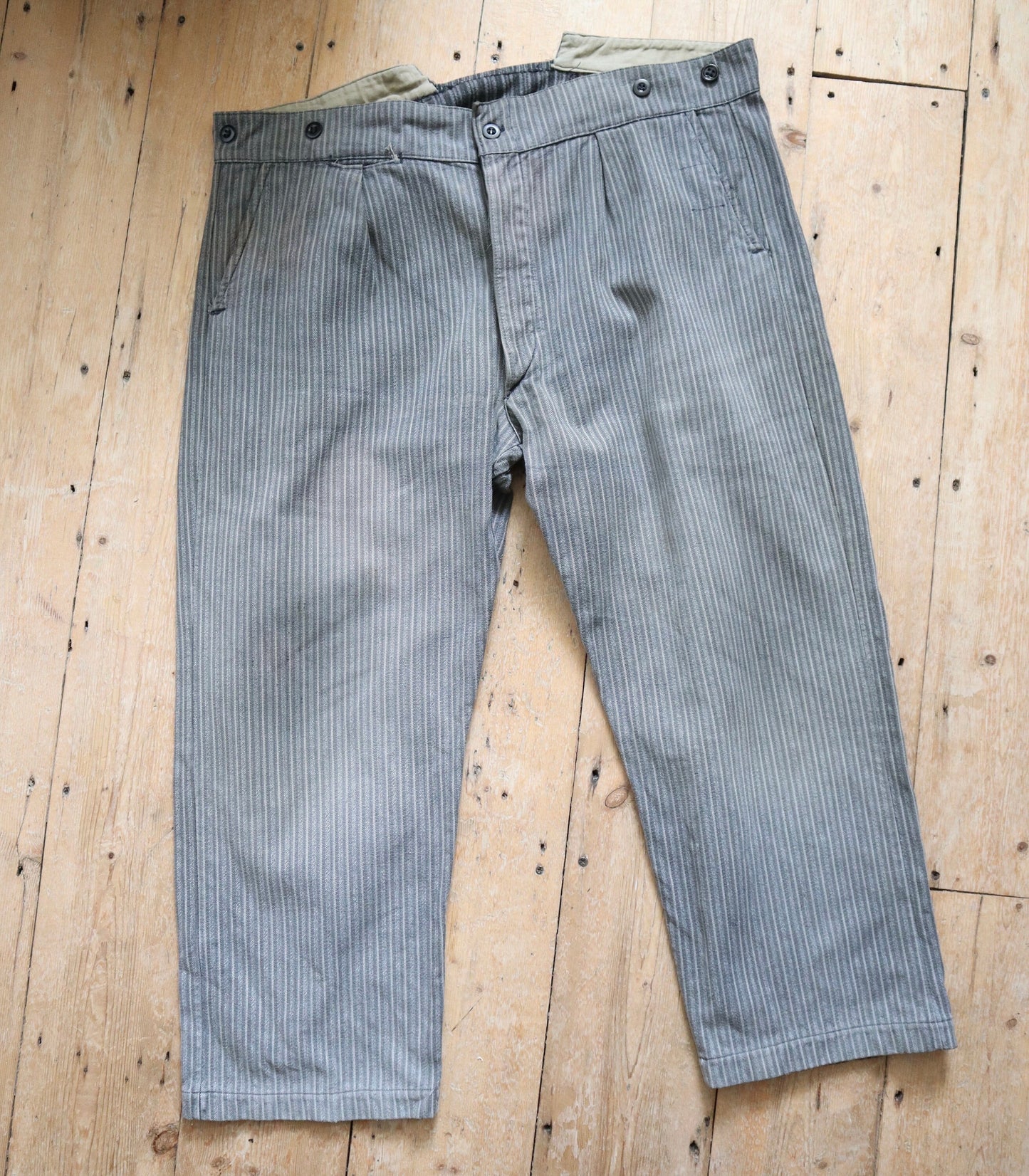 French 1940s Workwear Trousers Grey Stripe Salt Pepper Cotton Chore Pants