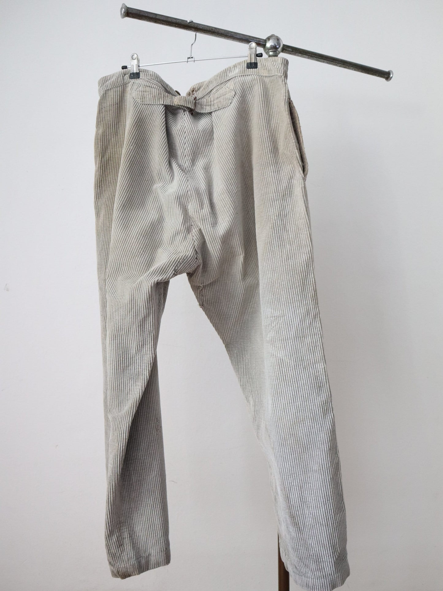 1940s French Corduroy Workwear Trousers Light Fawn Grey Repairs Chore Pants Cinch Metal Buckle Back