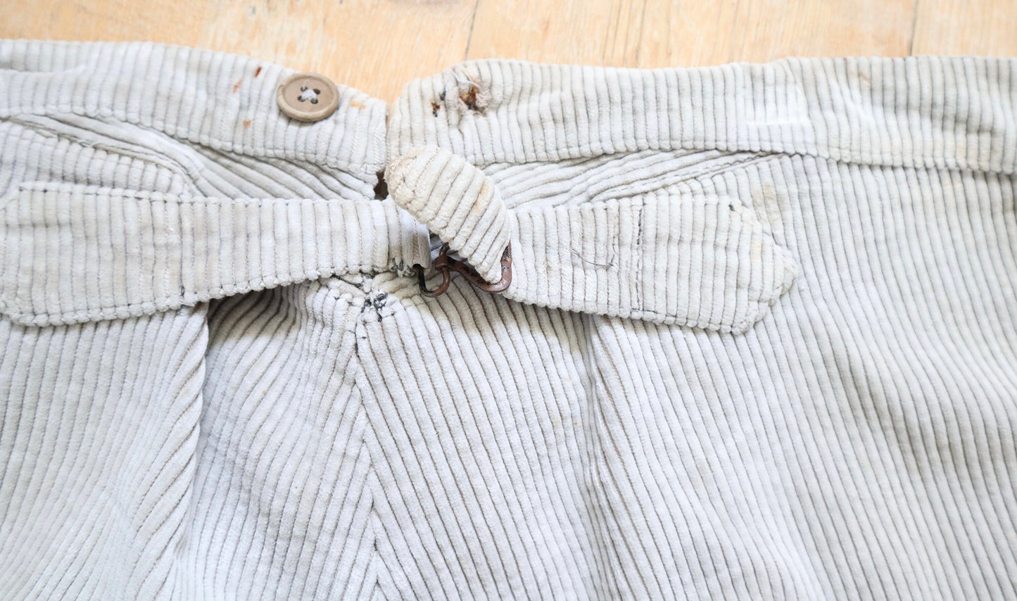 1940s French Corduroy Workwear Trousers Light Fawn Grey Repairs Chore Pants Cinch Metal Buckle Back