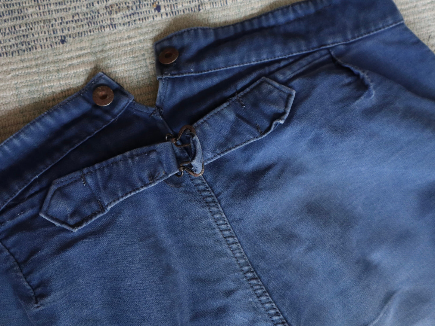 1940s French Blue Moleskin Workwear Trousers Pants High Waisted Buckle Back Cinch Chore Repairs